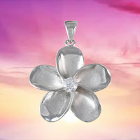 Beautiful Hawaiian Large Plumeria Necklace, Sterling Silver Plumeria Flower CZ Pendant, N6001 Birthday Anniversary Mom Wife Gift