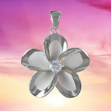 Gorgeous Large Hawaiian Plumeria Necklace, Sterling Silver Plumeria Flower CZ Pendant N6003 Birthday Mother Mom Gift, Island Jewelry