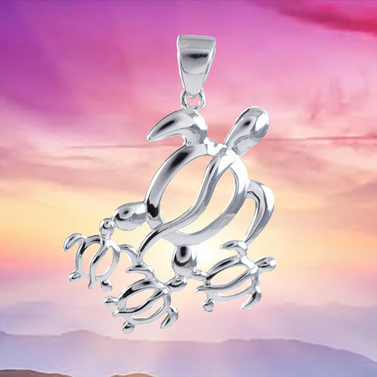 Collier unique de grande taille pour maman et 3 bébés tortues, pendentif en argent sterling pour famille de tortues de mer hawaïennes, cadeau d'anniversaire pour femme et maman N6170, déclaration PC