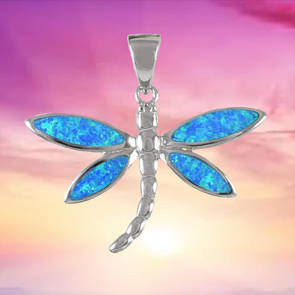 Stunning Hawaiian Large Blue Opal Dragonfly Necklace, Sterling Silver Opal Dragonfly Pendant N6147 Birthday Mother Mom Gift, Statement PC