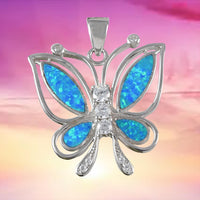 Gorgeous Hawaiian Large Blue Opal Butterfly Necklace, Sterling Silver Blue Opal Butterfly CZ Pendant N6148 Birthday Mom Gift, Statement PC