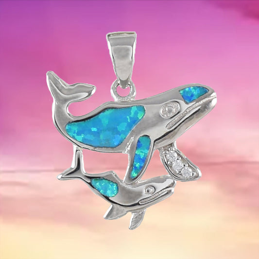 Collier unique et magnifique avec pendentif baleine à bosse en opale bleue pour maman et bébé hawaïen, en argent sterling, N6151, cadeau d'anniversaire pour mère, épouse, maman