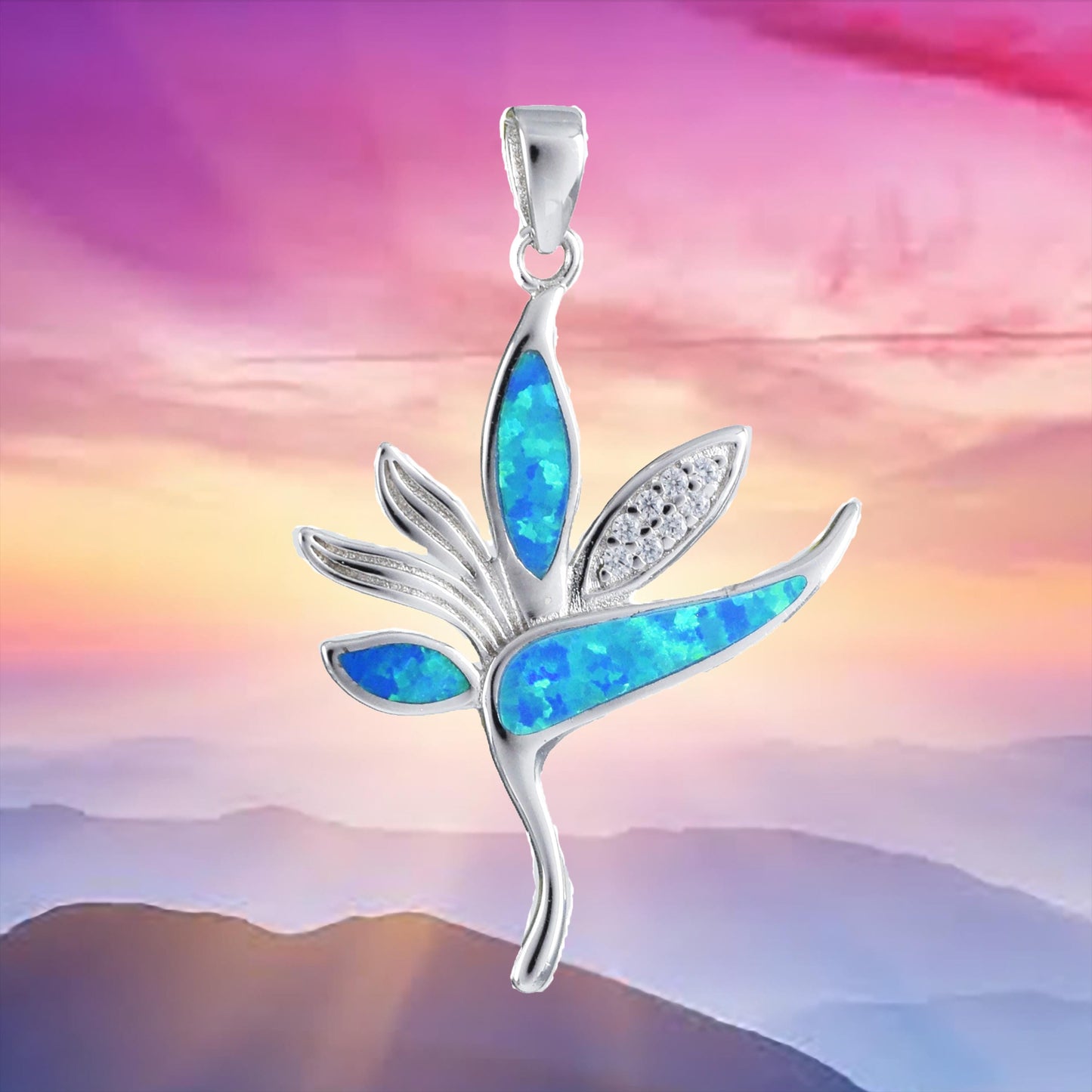 Stunning Hawaiian Blue Opal Bird of Paradise Necklace, Sterling Silver Opal Bird of Paradise CZ Pendant, N6156 Birthday Mother Mom Gift