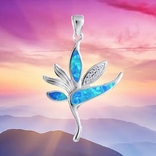 Stunning Hawaiian Blue Opal Bird of Paradise Necklace, Sterling Silver Opal Bird of Paradise CZ Pendant, N6156 Birthday Mother Mom Gift