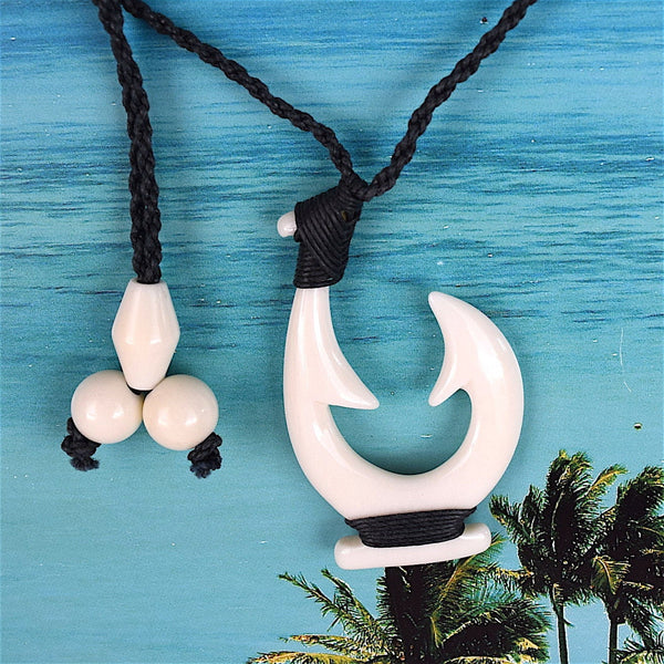 Hawaiian Style carved Simple Mini Black Bone Fish Hook Pendant Men Necklace