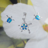 Beautiful Hawaiian Opal Plumeria Sea Turtle Necklace and Earring, Sterling Silver Blue Opal Plumeria Turtle Pendant N6159S Birthday Mom Gift