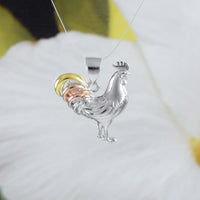 Unique Hawaiian Tri-color Rooster Necklace, Sterling Silver Tri-color Rooster Chicken Pendant, N8546 Birthday Mom Gift