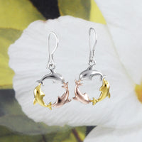Unique Beautiful Hawaiian Tri-color 3 Dolphin Earring, Sterling Silver Dolphin Dangle Earring, E8560 Birthday Wife Mom Christmas Gift