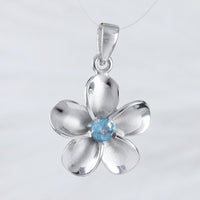 Beautiful Hawaiian Genuine Blue Topaz Plumeria Necklace, Sterling Silver Plumeria Flower Pendant, N9157 Birthday Valentine Mom Gift
